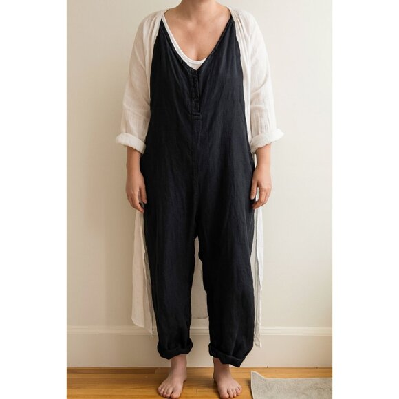 PHAEDRA Women’s Medium Jumpsuit Sleeveless BK Linen Boho Lagenlook Sustainable - Picture 1 of 6